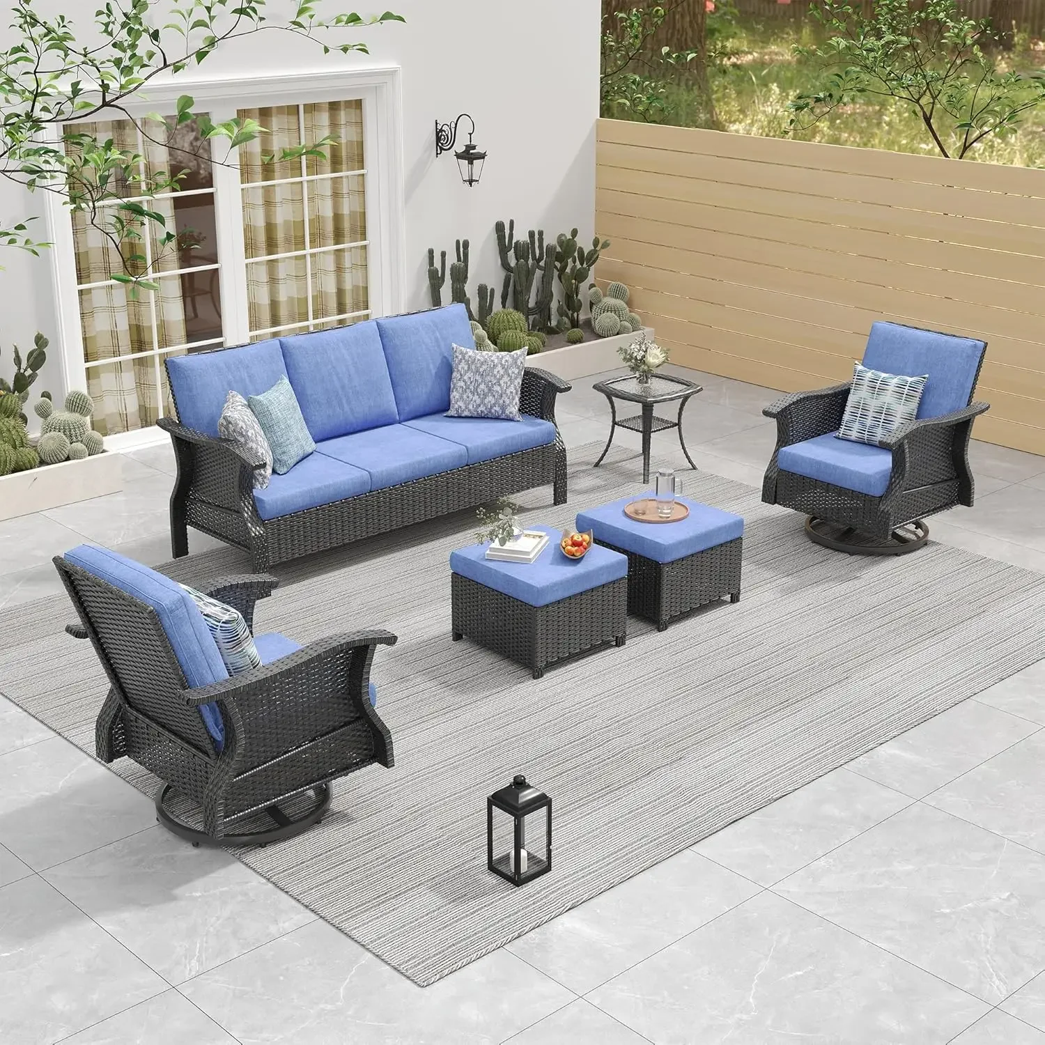 

Manual Weaving Wicker Patio Furniture Set 6 Pieces, All Weather Patio Conversation Set with Chairs, Side Table, Denim Blue