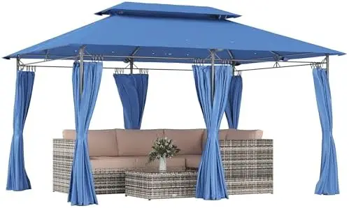 10' x 13' Patio Gazebo, Double Roof Outdoor Gazebo Canopy Shelter with Curtains, Solid Metal Frame for Garden, Lawn
