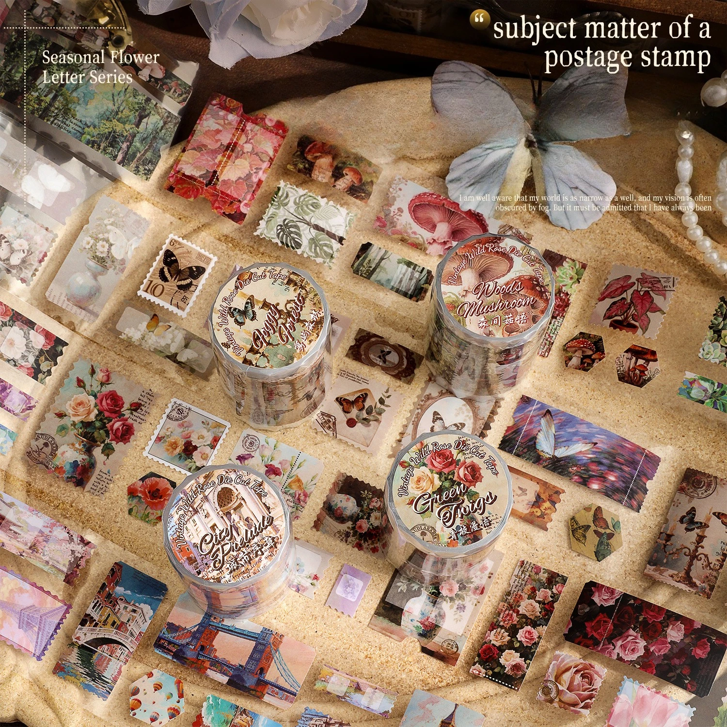 55mm*200cm Vintage Mushroom Flower Butterfly Landscape Tape Creative DIY Journal Material Collage Scrapbooking Stationery