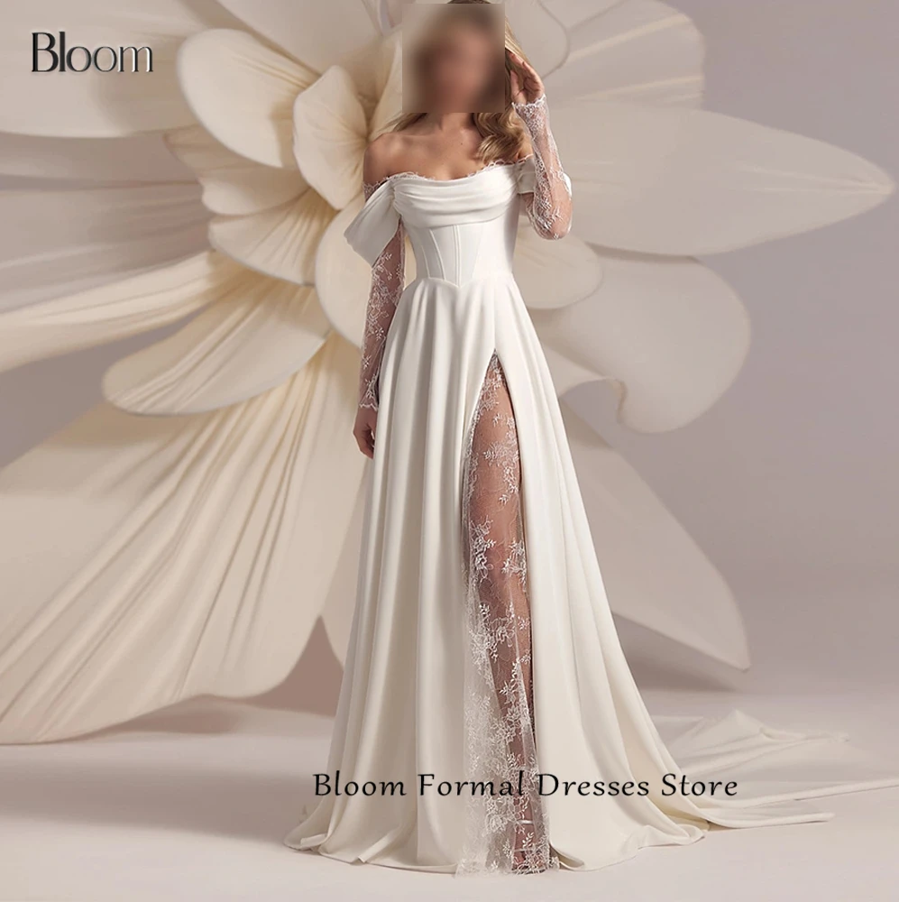 

Bloom A-Line Off the Shoulder Scoop Lace Bones Solid Color Detachable Sleeve Lace up Back Side Silt Floor Length Sweep Train