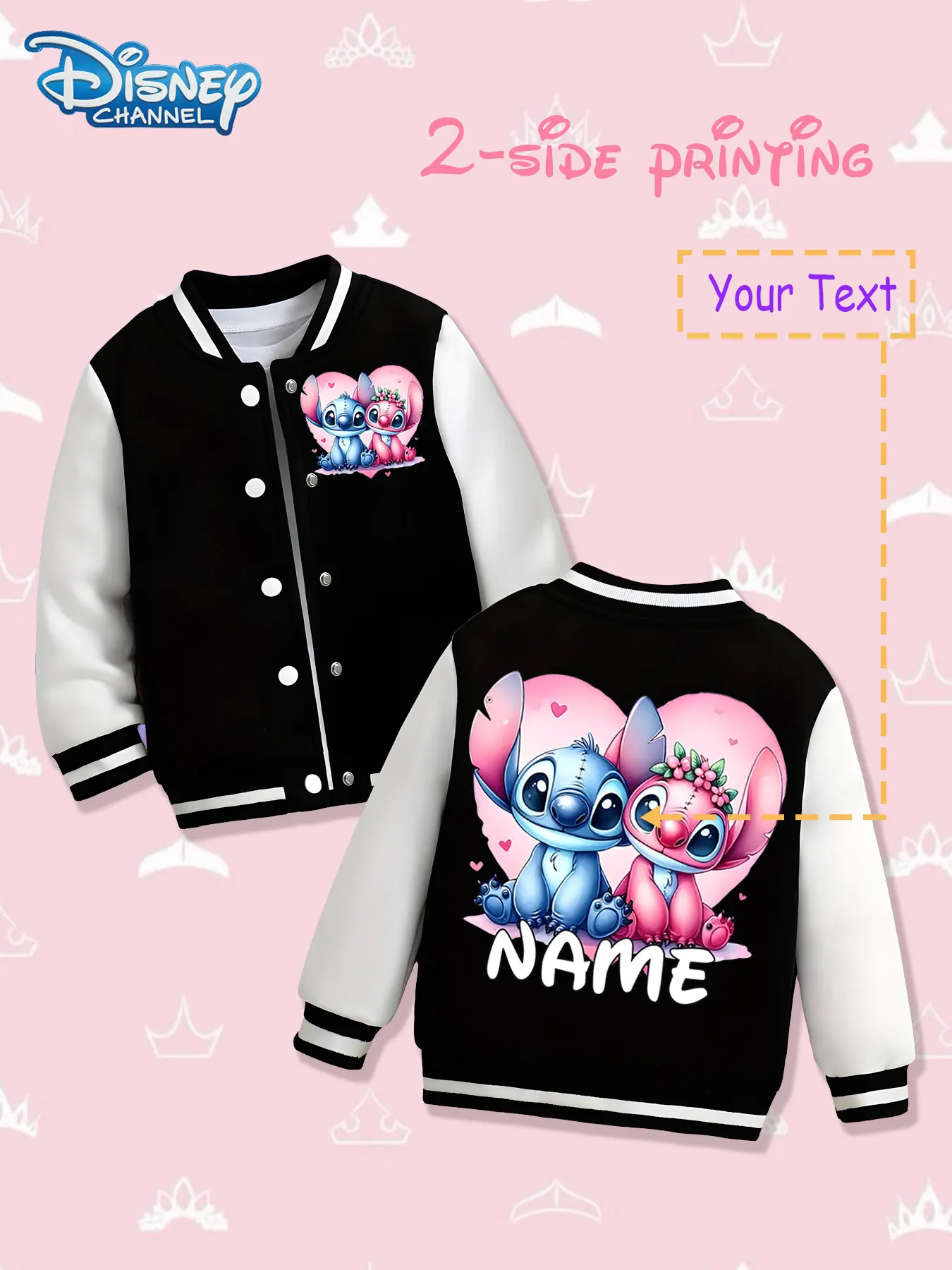 

MINISO Disney Stitch Romantic Children's Baseball Jacket - Stitch couple's heart-shaped pattern is displayed on both sides, the