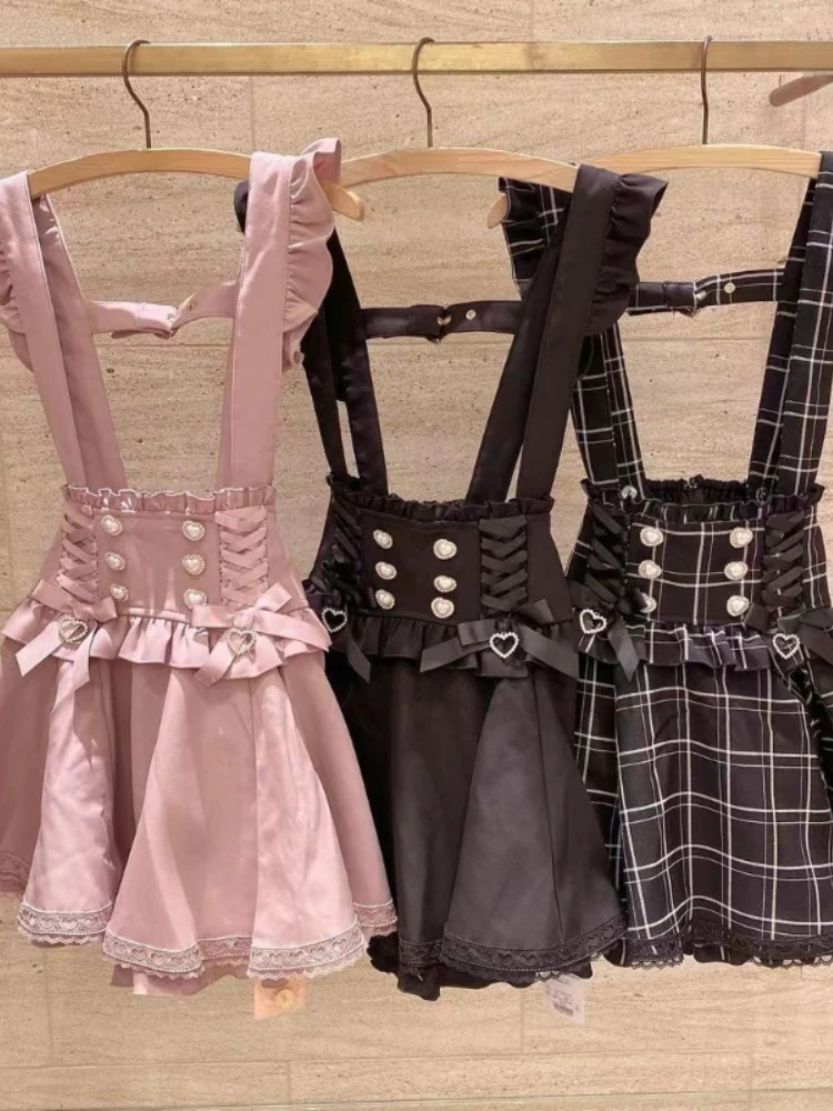 

Japanese Gothic Lolita Ribbon Kawaii Skirt Women Cute Diamond Pearl Short Suspender Skirt Girl Bow Sweet Lace A-Line Mini Skirts