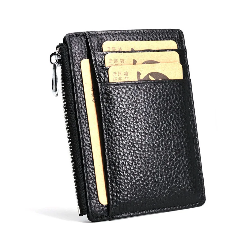 Men's Genuine Leather Minimalist Wallet - Ultra Thin Zipper Coin Pouch with Credit Card Holder (Small Money Bag)