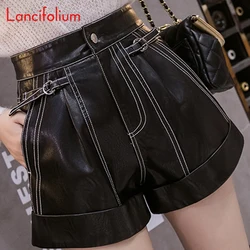 PU Shorts 2022 Spring Fall Y2k Korean Harajuku Gothic Vintage High Waist Chic Wide Leg Stitch Black Elegant Leather Shorts Women