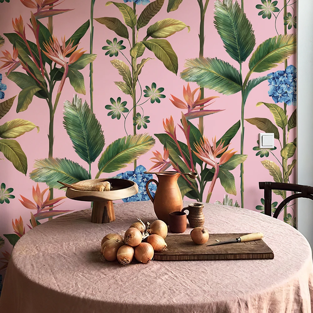 

Pink Rropical Plants Wallpaper PVC Waterproof Self-adhesive Wall Stickers Removable Peel and Stick Wallpapers Home Decoration