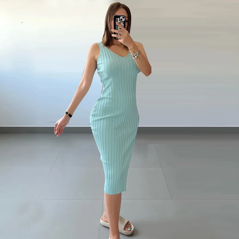YuooMuoo kobiety ubierają seksowne opakowanie biodra wysoki rozcięcie sukienka z dzianiny szykowna prążkowana bez rękawów obcisła długa sukienka Streetwear strój damski
