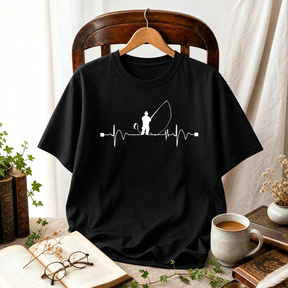 Fly Fishing Heartbeat Silhouette Graphic T-Shirt Fisherman Pulse ECG Print Outdoor Angler Hobby Casual Cotton Fishing Lover Tees