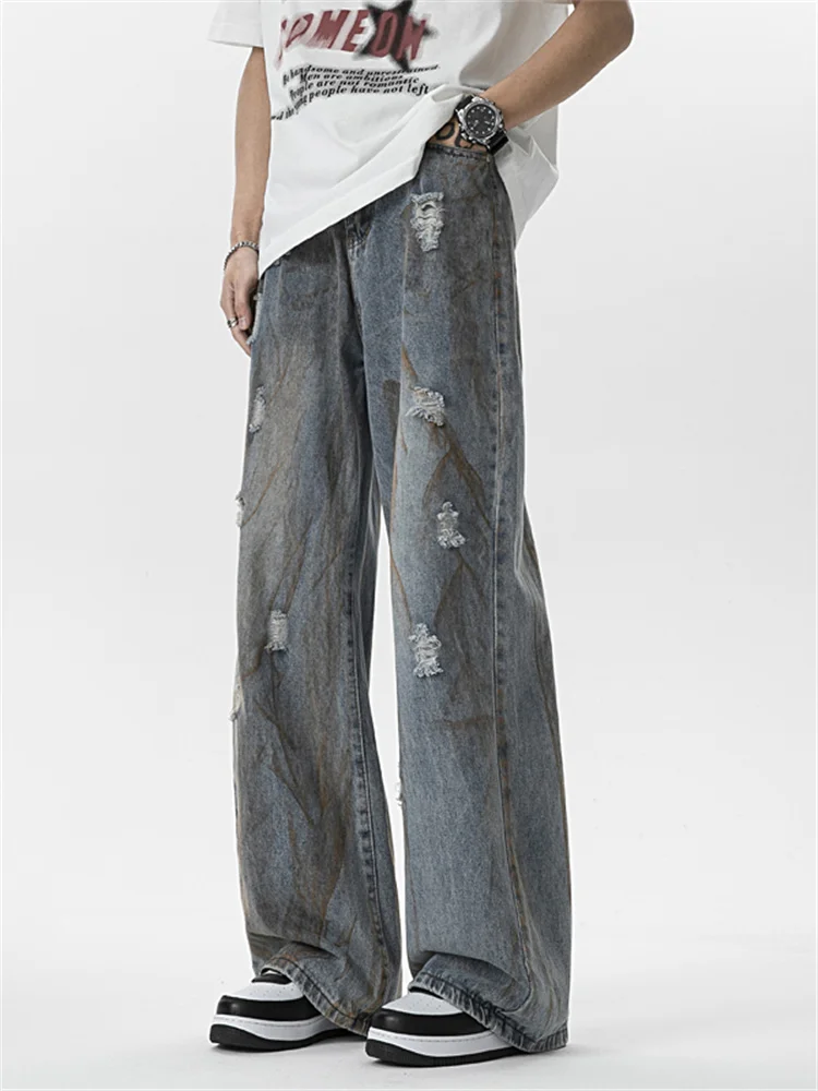 

Мужские джинсы с эффектом потертости и окрашивания, американский модный бренд INS, повседневные свободные широкие брюки, молодежные летние прямые штаны