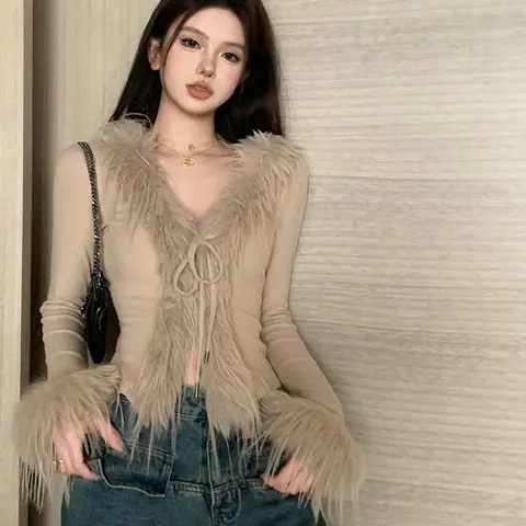 한국 핫 소녀 모피 V 넥 긴 소매 불규칙한 슬림 짧은 스웨터 카디건