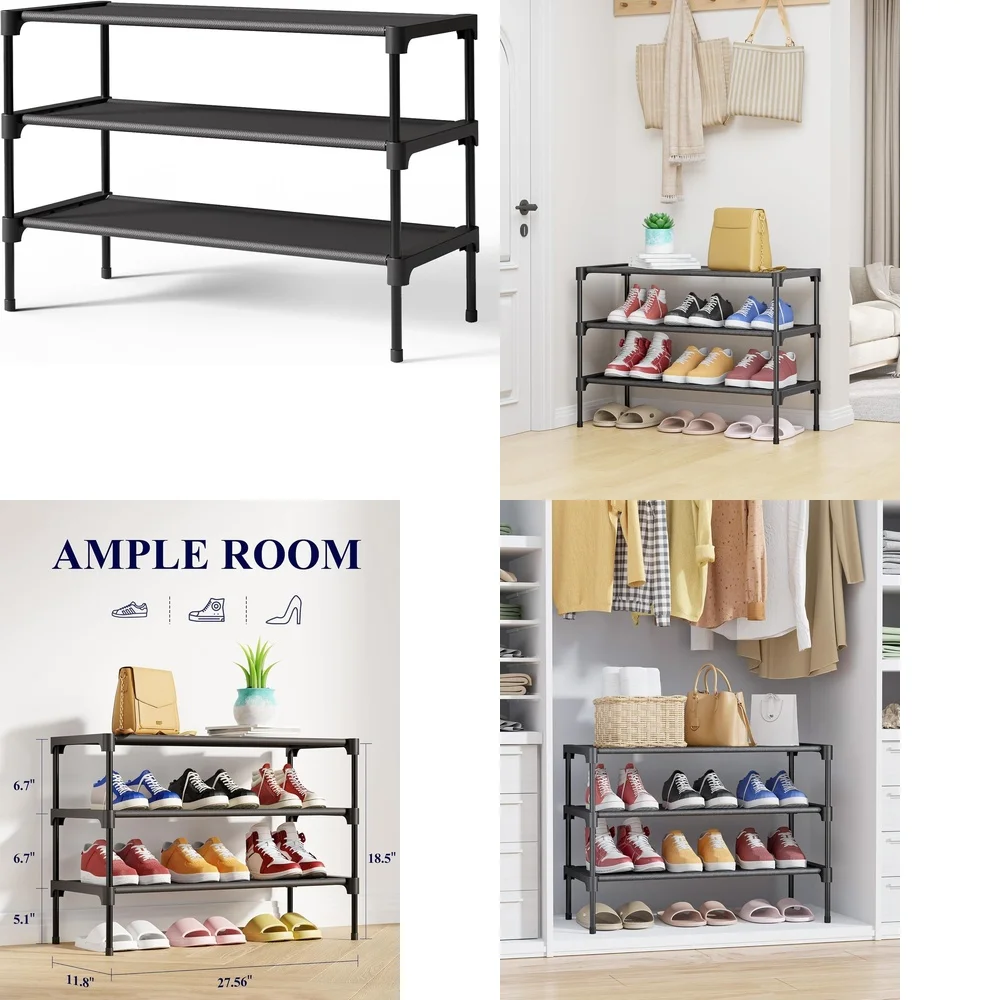 

3-х уровневая полка для обуви-органайзер из нетканого материала, очень большой штабелируемый шкаф для хранения обуви для домашнего прихожей, черный, экономия места
