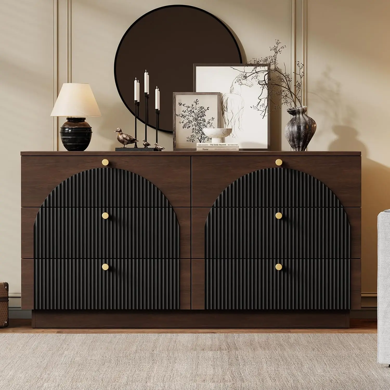Arched Fluted 6-Drawer Dresser, 55" Wooden Chest, Mid Century TV Stand for Bedroom & Living Room, Walnut+Black, Customized