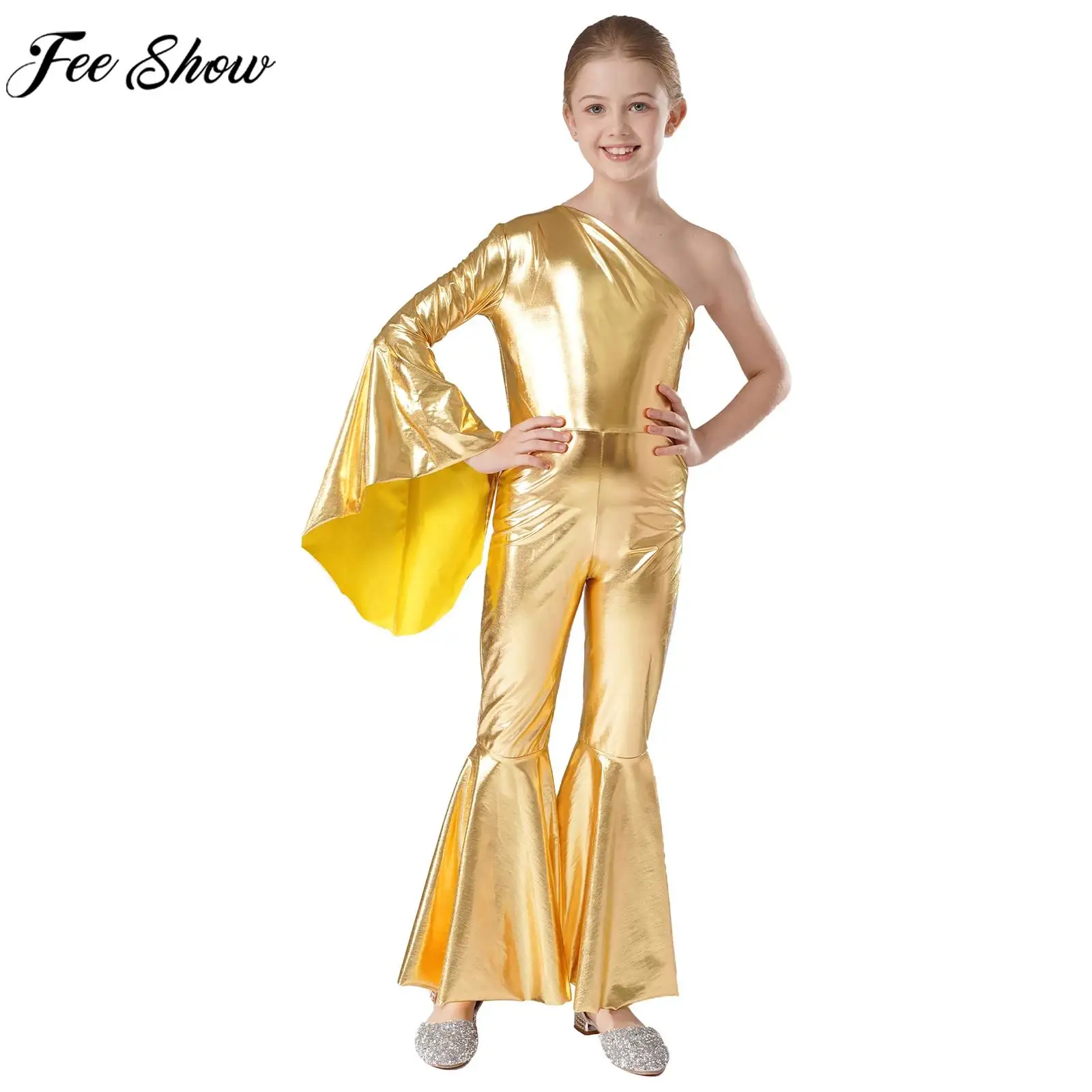 Kids Girl Retro Disco Dance Jumpsuit Metallic Shiny Bell-Bottom Bodysuit for Cheerleading Jazz Dancing Performance Cosplay Party