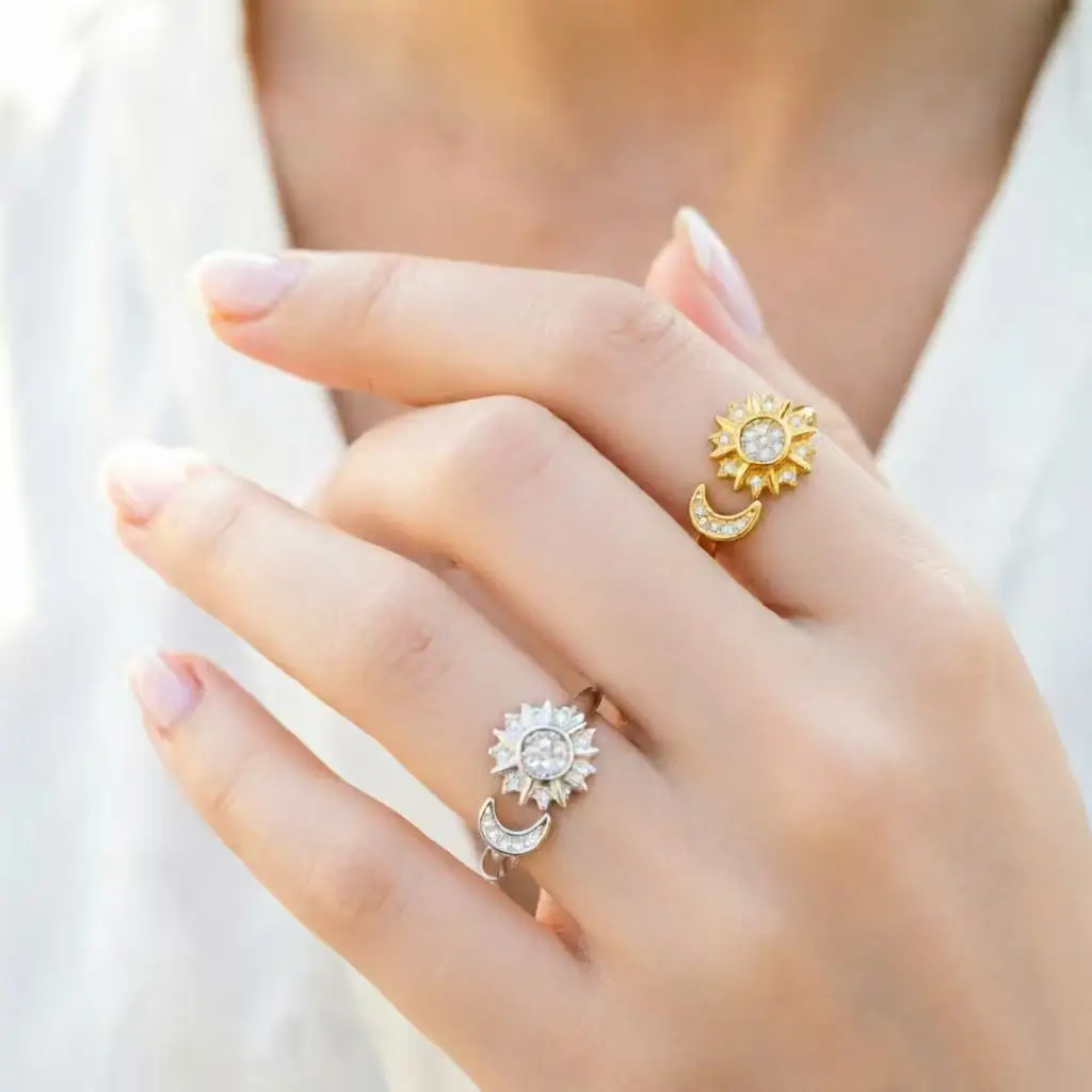 2026 Luxury Sun and Moon Couple Ring Sparkling Cubic Zirconia Adjustable Opening Rings Fine Jewelry Gifts for Valentines Day