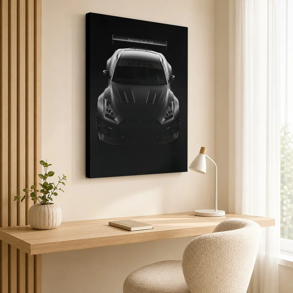 Sleek black Sports GTR R35 Sports Car Canvas Painting Poster Custom Photo Retro Automotive Canvas Wall Art for Game Room Decor