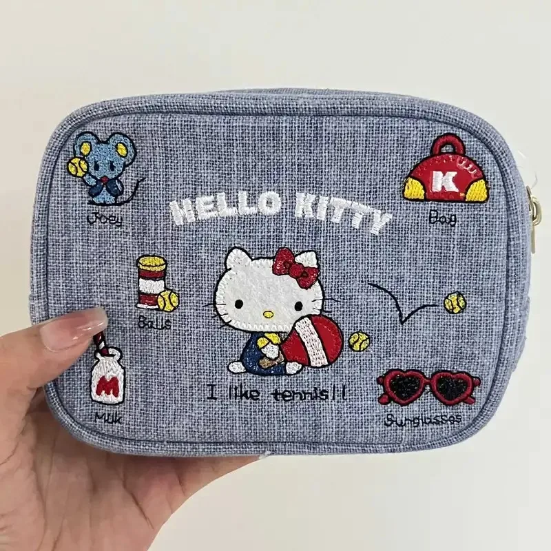 

Джинсовые Сумки для макияжа Miniso Hello Kitty в стиле ретро, косметички с вышивкой в японском стиле аниме, маленькая квадратная дорожная сумка для хранения для женщин