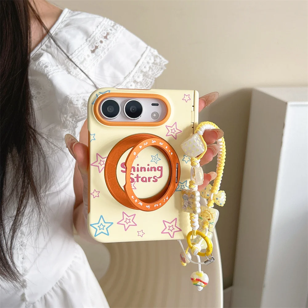 Korean Cute Stars Letters Folding Phone Case For iPhone Duo With 360° Magnetic Stand Chain Shockproof cases For Magsafe Funda