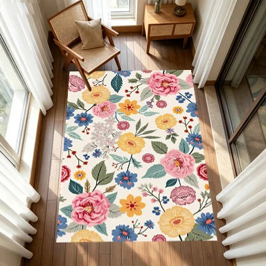 Vintage Colorful Wildflower Seamless Pattern Carpet Flooring, Boho Floral Non-Slip Area Rug for Living Room Bedroom Home Decor