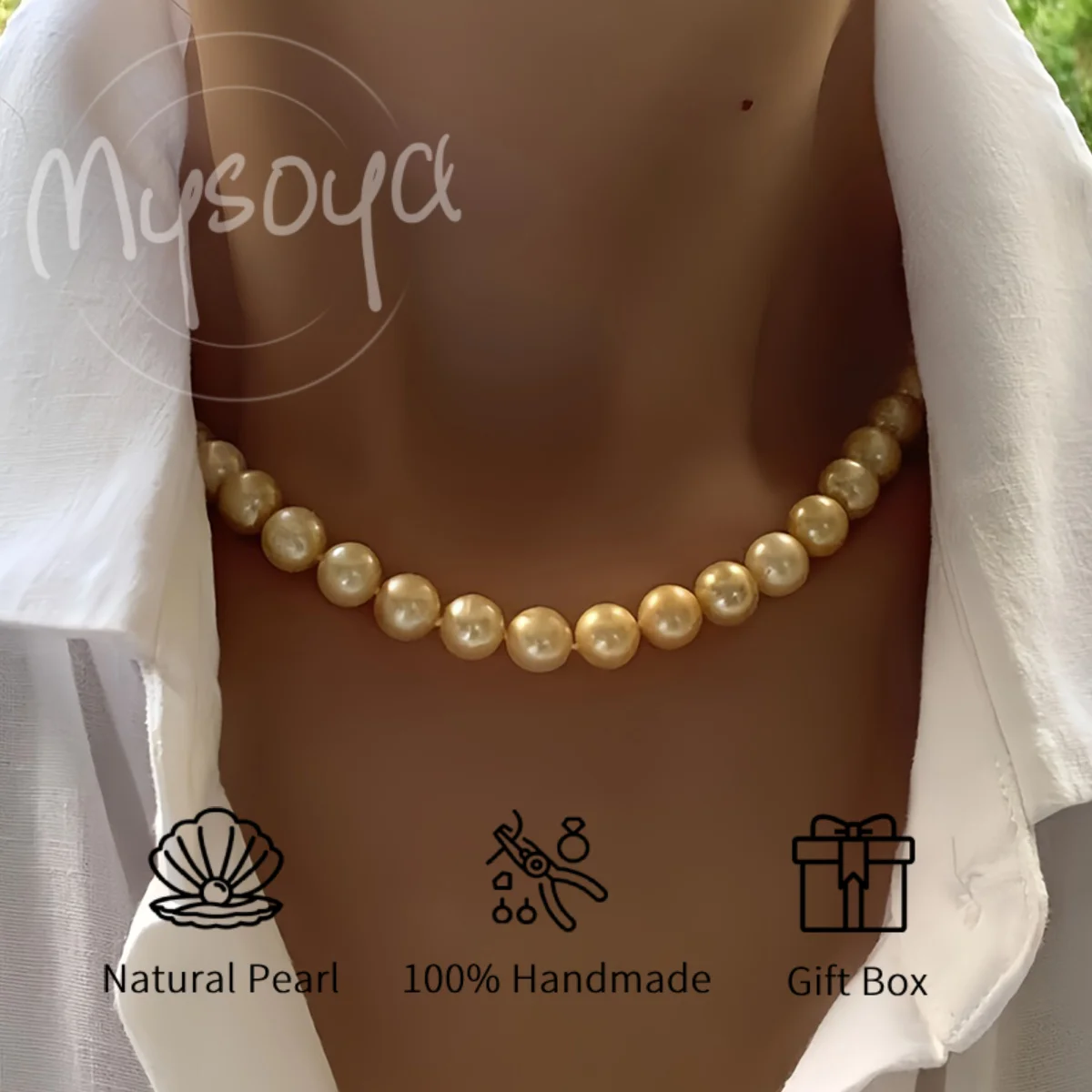 

MYSOYA 7-8/8-9mm Natural Golden South Sea Color Pearl Necklace Round Clasp Gift Box Handmade DIY Jewelry Birthday Wedding Gift