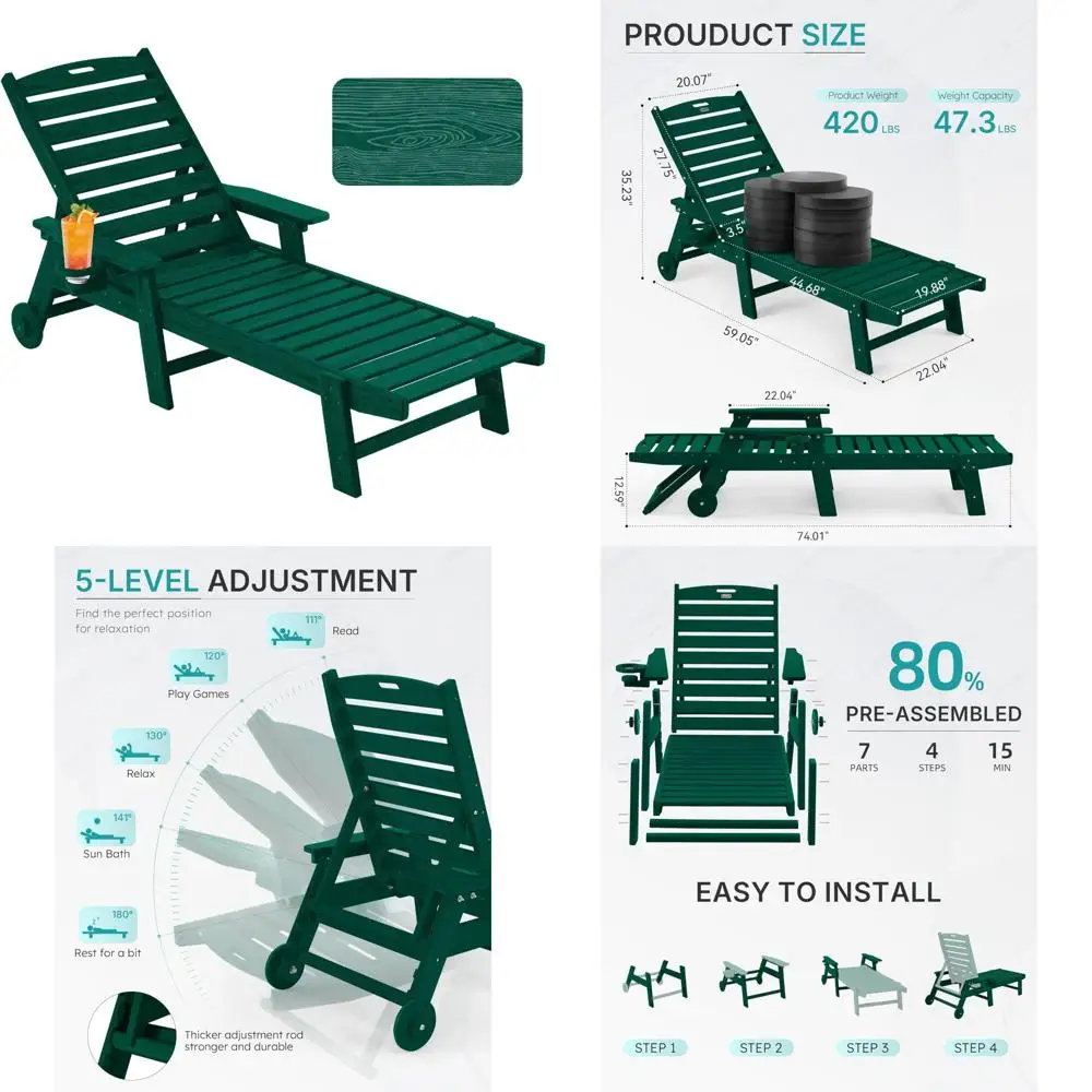 Tumbonas con ruedas de gran tamaño para exteriores con plástico texturizado de madera, muebles de Patio ajustables de 5 posiciones para piscina