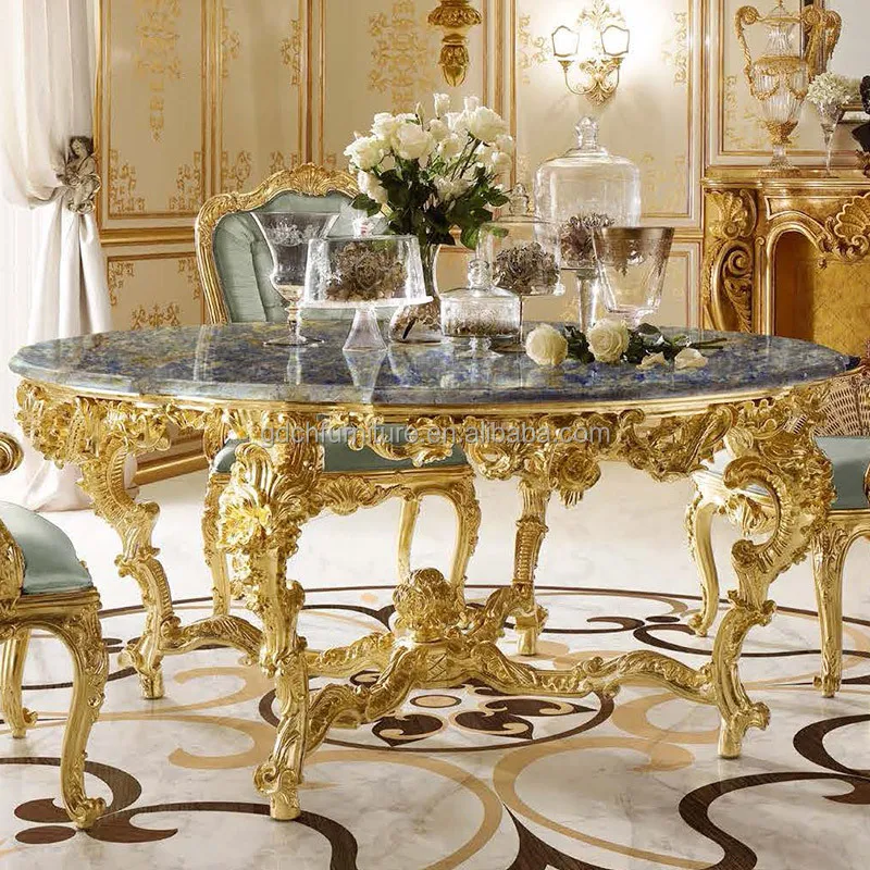 Custom European-style Round Table and Chair Villa Wooden Hand Carved Marble Top Rotary Table and Chair