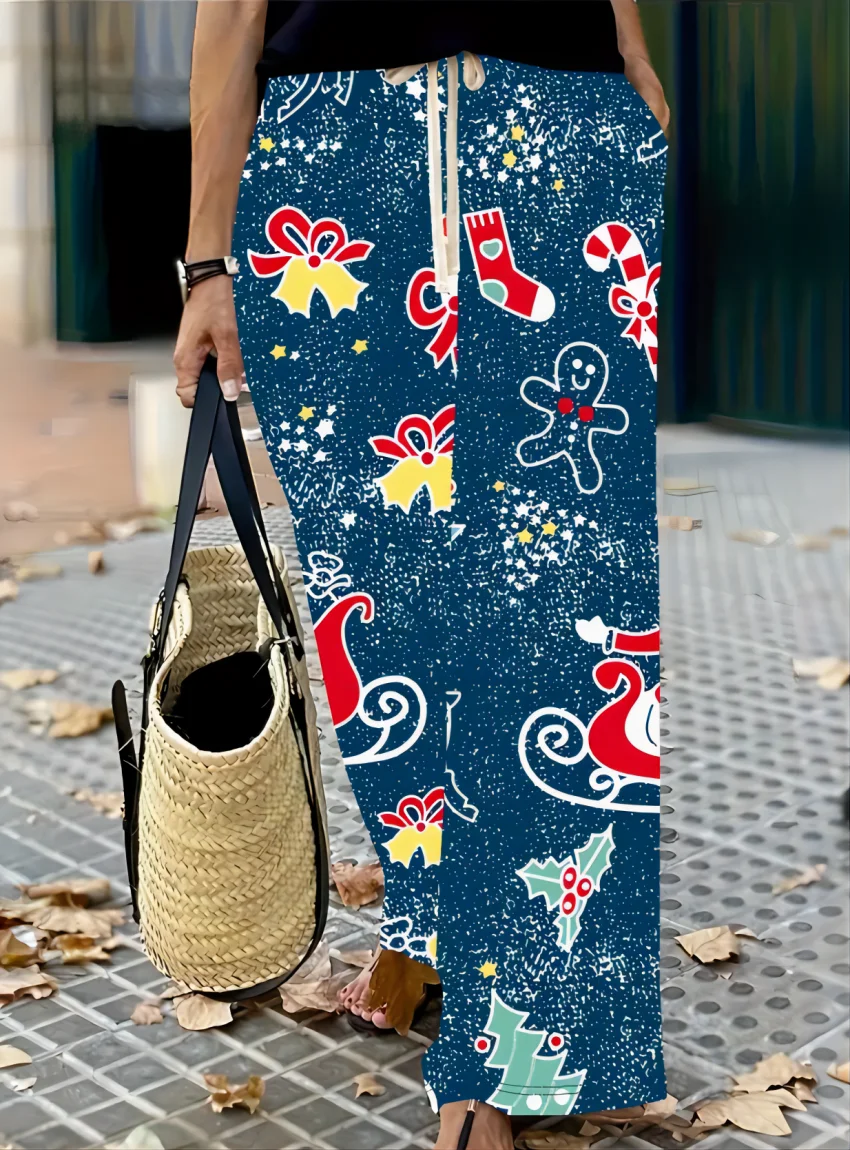 Christmas Graphic Drawstring Pants, Cute Loose Pants For Fall & Winter, Women's Clothing