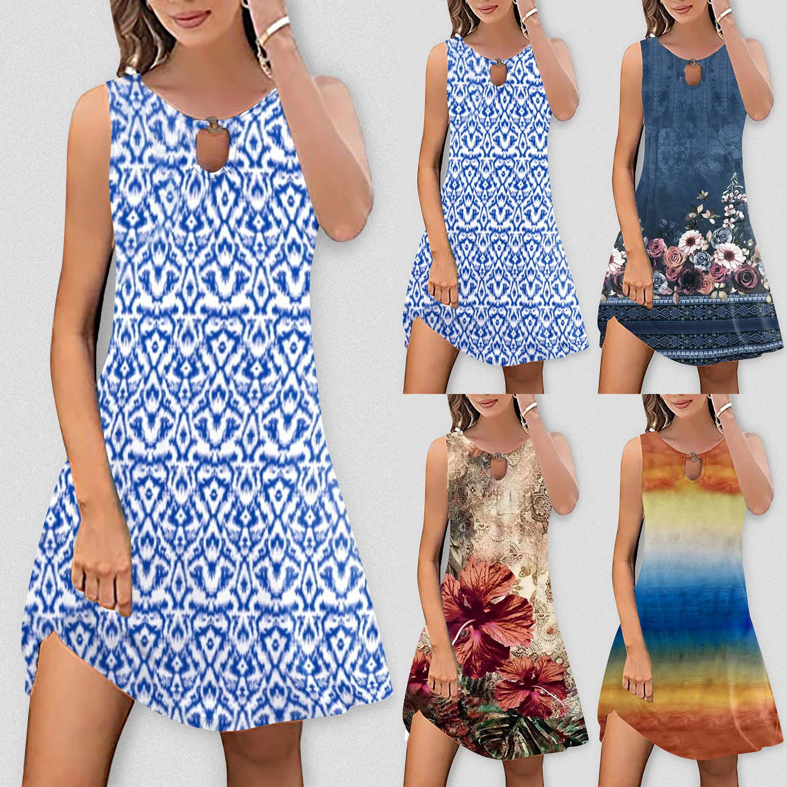 

Women's Round Neck Hollow Out Sleeveless Casual Dress Boho Floral Printed Vest Dresses Ladies Summer Loose Beach A Line Dress