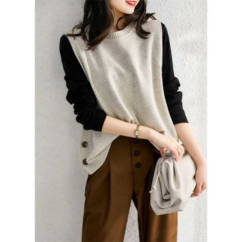 Spring and Autumn New Haze Blue Knitted Vest Femininity Age-reducing Jacket Round Neck Literary Vest Casual Women's Clothing