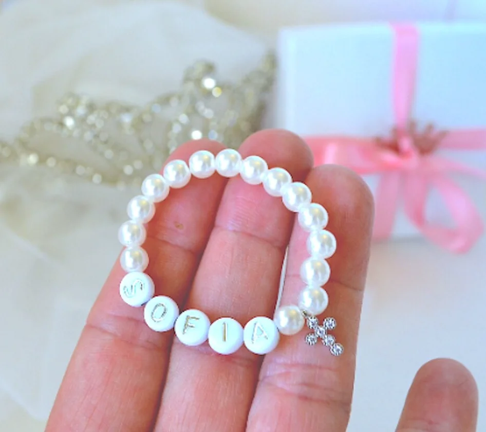 Silver Cross Pearl Bracelet for Baby Girl, Personalized Baby Shower Gift, Cubic Zirconia Rhinestone Cross Bracelet, Baptism Gift