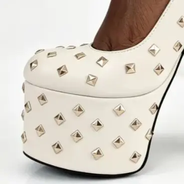 Women White Gold Studded Platform Chunky Heel Pumps with Ankle Strap for Punk Goth Party Stage Performance Sandals Size 35-46