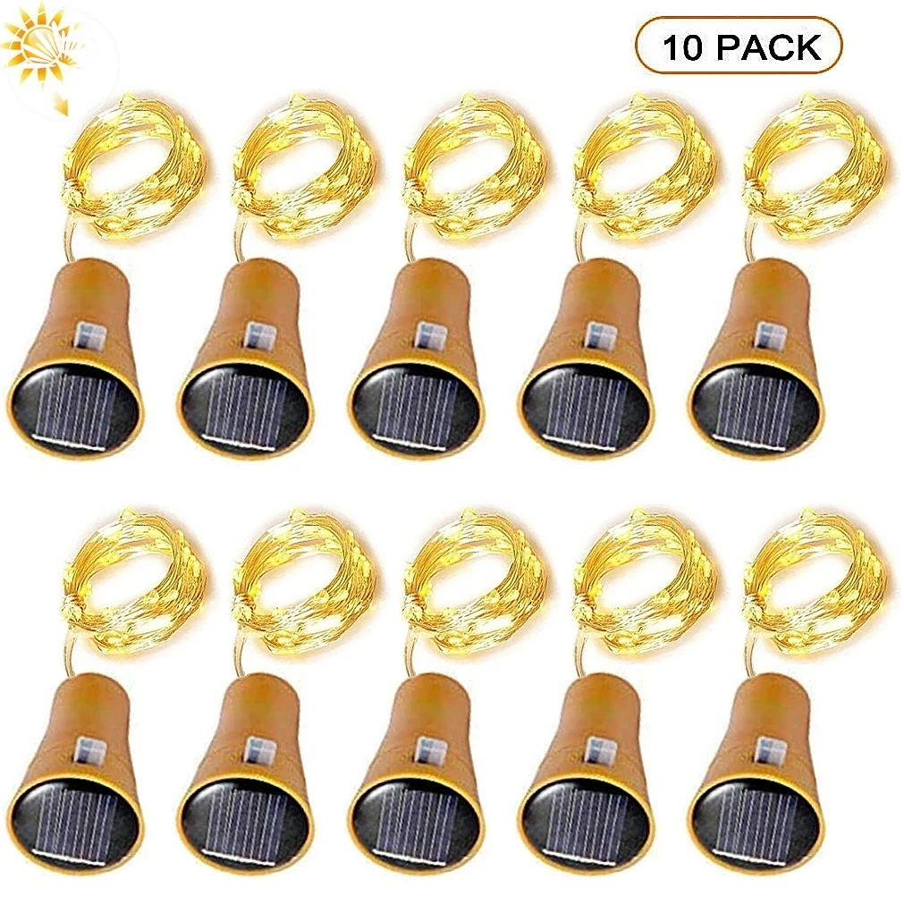 10pcs Solar Wine Bottle String Light 20LEDs Solar Copper Wire Fairy Lights Cork Shape Christmas Lamp Wedding Party Garden Decor