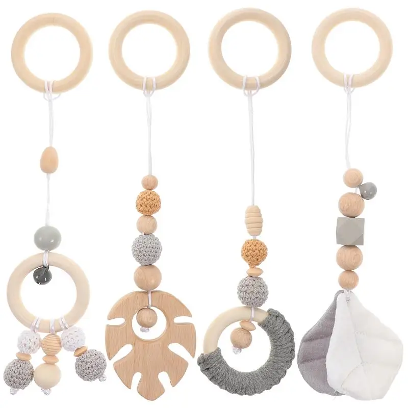 4pcs Baby Crib Toy Wood Hanging Rattle Toy Newborn Car Seat Stroller Hanging Rattle Baby Crib Toy Infant Car Baby Sensory Prop