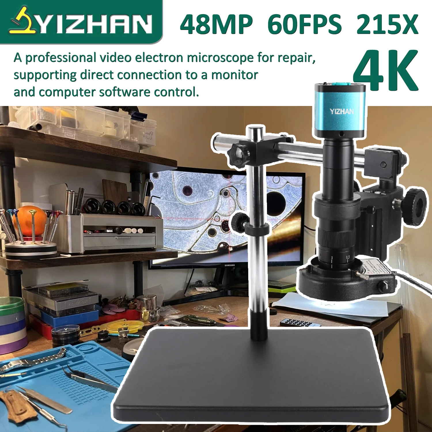 YIZHAN 215X 4K Elektronik-Löt-Mikroskop 48MP mit verdicktem Standfuß, Verlängerungsarm, USB-Software, HDMI für Reparaturen, Versand aus Europa