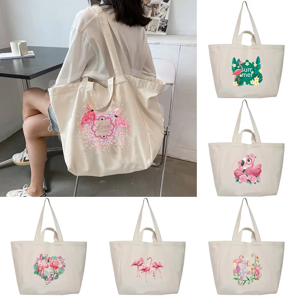 Canvas Handbags Fashion Shoulder Bag Large Capacity Shopping Bags Simple Tote Packet Women Outdoor Flamingo Print Wild Organizer