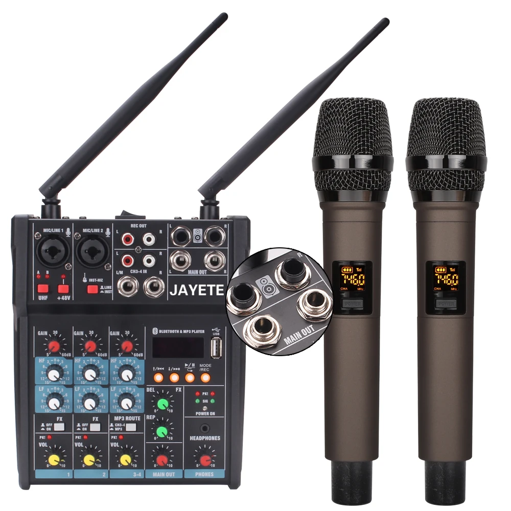 

UHF Wireless Microphone 4 Channel DJ 80W Power Mixer Live MP3 Studio Mini KTV Performance Audio Mixer USB Sound Mixing Console