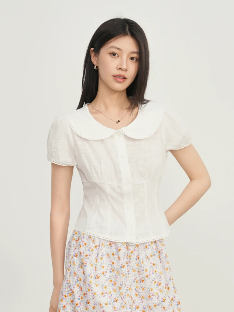 Sweet Sle ort Sve Doll Collar Women's irt Korean Version Summer New Faion Floral Embroidery Slim Fit Cotton Top