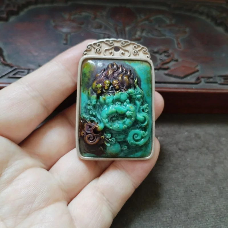 Collectible Patina Old Silver Inlaid Turquoise Yellow God Of Wealth Pendant Hanging Ornament Accessory