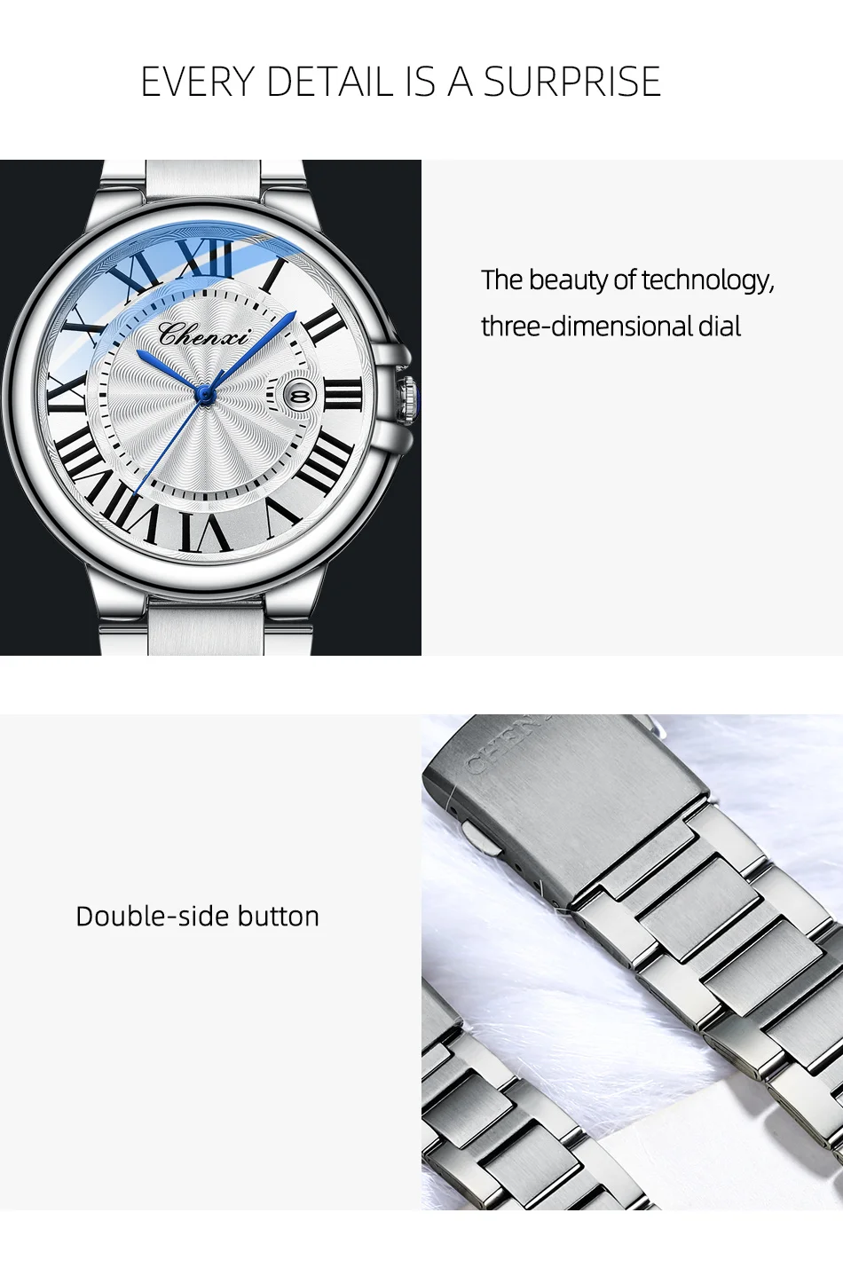 CHENXI 039 Reloj de cuarzo para parejas, relojes de pulsera de acero inoxidable plateados simples a la moda de lujo para mujeres y hombres