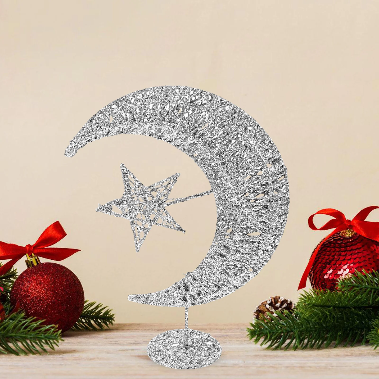

Christmas Tree Topper Star and Moon Silver 20Cm Iron Material Ornament Xmas Decoration Home Office Party Supplies