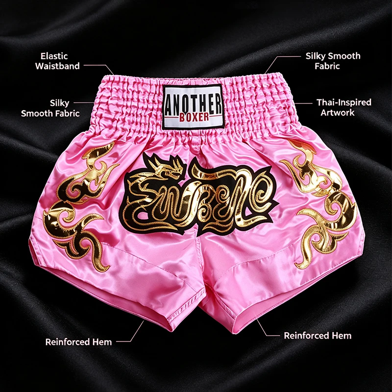 Muay Thai Training Shorts Pink Boxing Shorts Men Women Kids Gold Embroidery Dancing Boxing Kickboxing Match Performance Pants