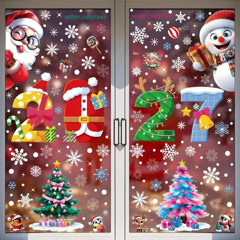 4/5 Sheets Snowman Reindeer Santa Claus Christmas Tree Static Cling Decals 2027 Merry Christmas Decor Window Stickers For Home
