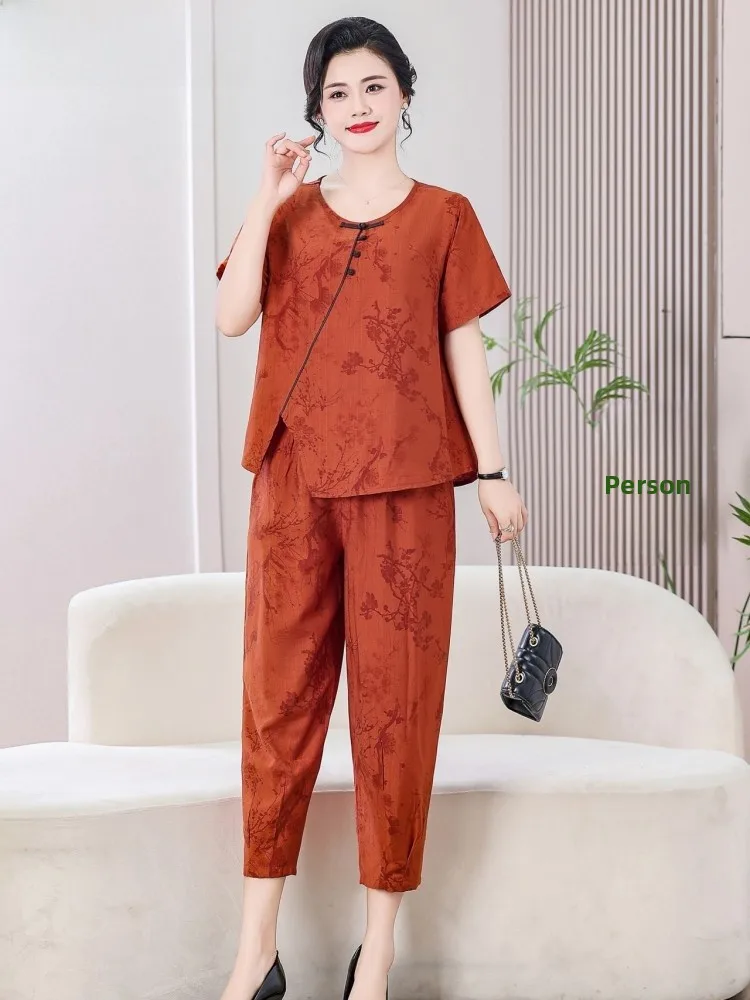 カジュアルなゆったりとした半袖ツーピースセット、ママのための夏服、伝統的なプリント、快適なポリエステル混紡、ラウンドネック