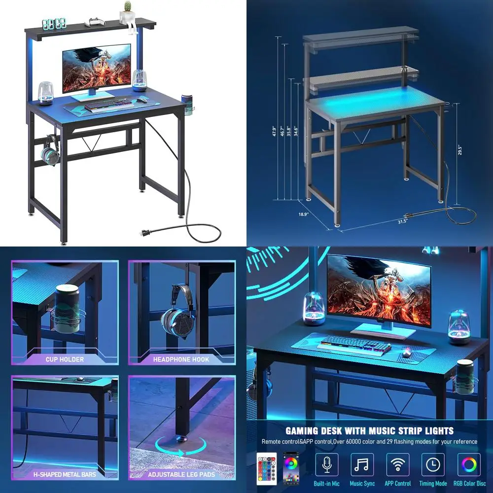 

LED-Illuminated Adjustable Monitor Stand Gaming Desk with Power Outlets, 80CM Industrial Writing Desk, Cup Holder for Enhanced G