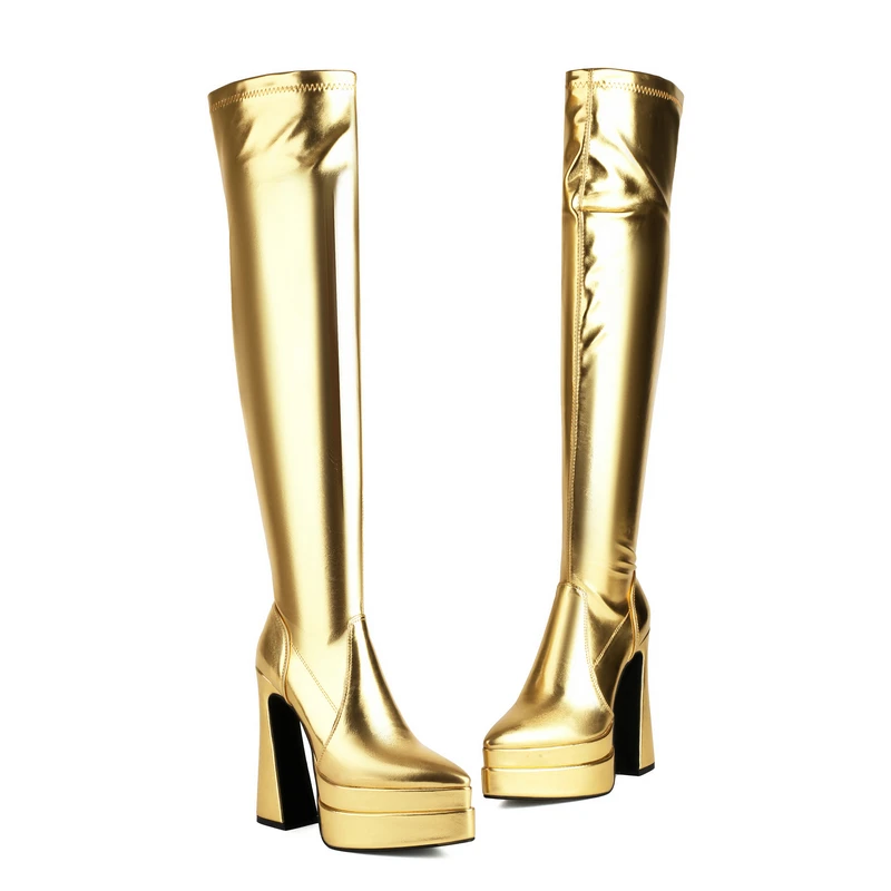 Shiny Golden Silver Pointed Toe Sexy Over-knees Platform Thick High Heels Women Stretch Botas Over-the-knee Shoes Thigh Boots