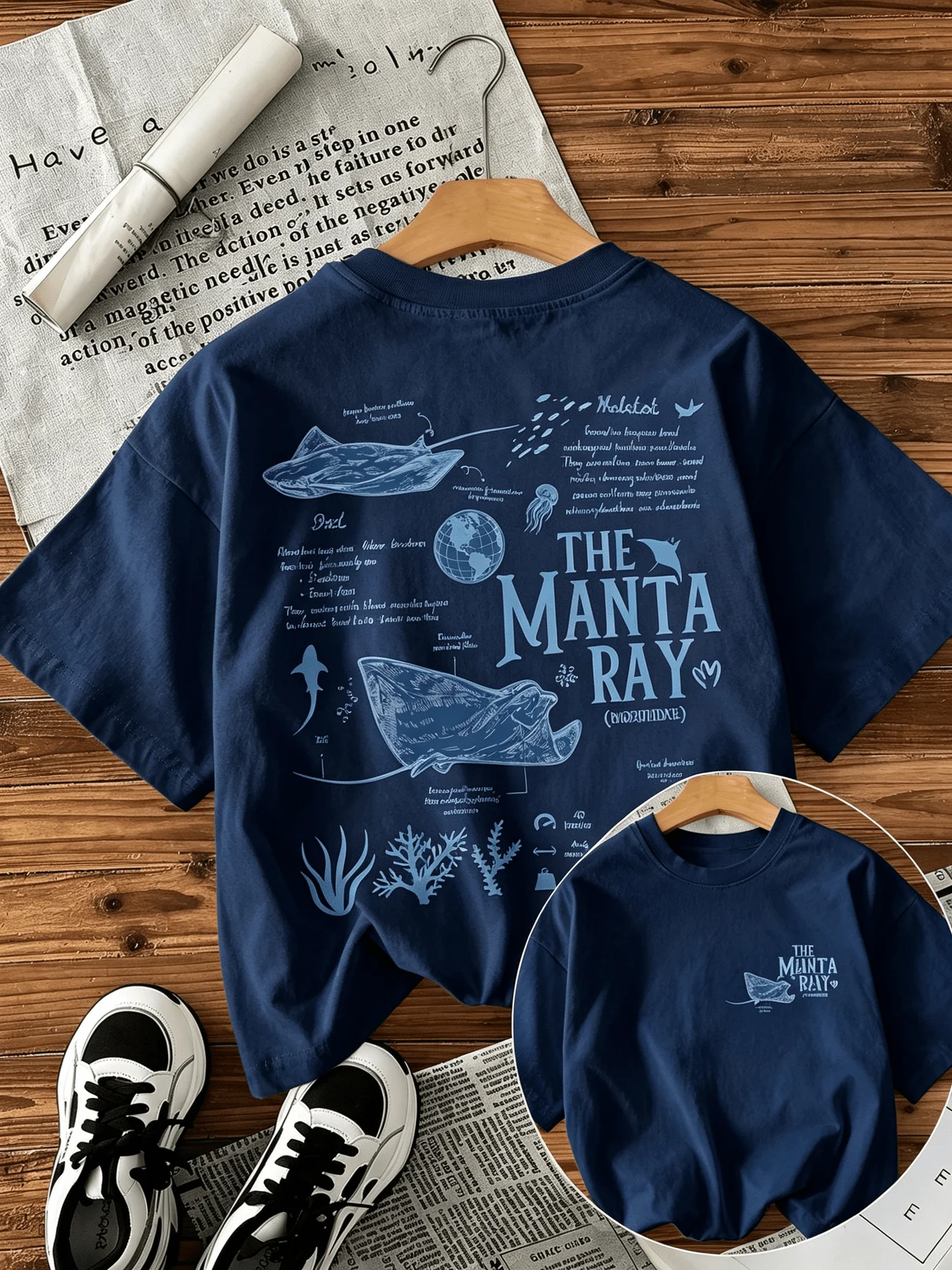 Manta-Rochen-Meerbiologie-Wissenschaftsbildungs-Print Damen Kurzarm-T-Shirt Sommer Neu Rundhals Locker Lässiges Oberteil – Detail 3