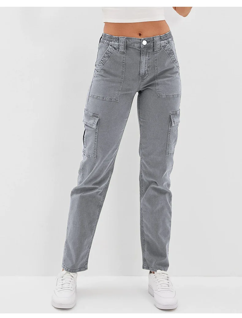 Jean multi-poches pour femmes, pantalon en Denim à jambes droites, taille moyenne, gris, mode, haute élasticité, décontracté, vêtements féminins, nouvelle collection 2023, S-2XL