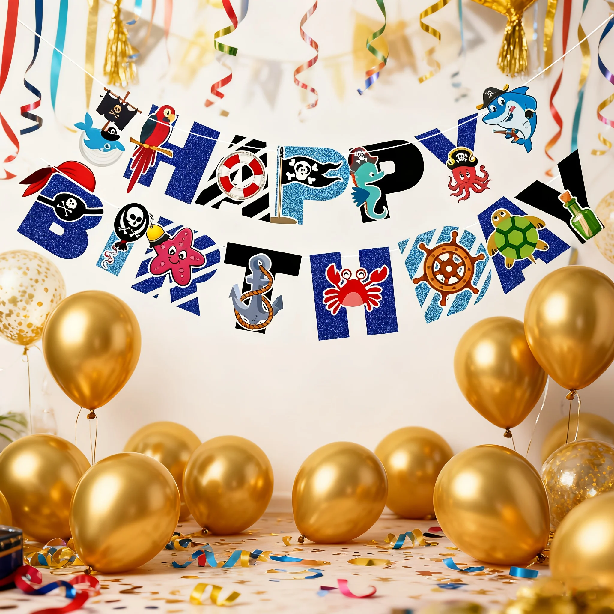 Pirate Theme Party Banner Garland Captain Shark Pirate Ship Pull Flag Kids Birthday Ceiling Hanging Decorations Supplies