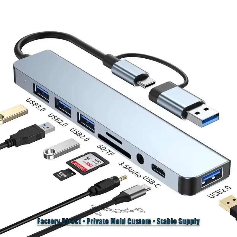 8 In 1 USB C Hub Expander Multiport Adapter Type C Splitter Dock USB 3 Port For Xiaomi Phone Tablet Fast Data Transfer Charging