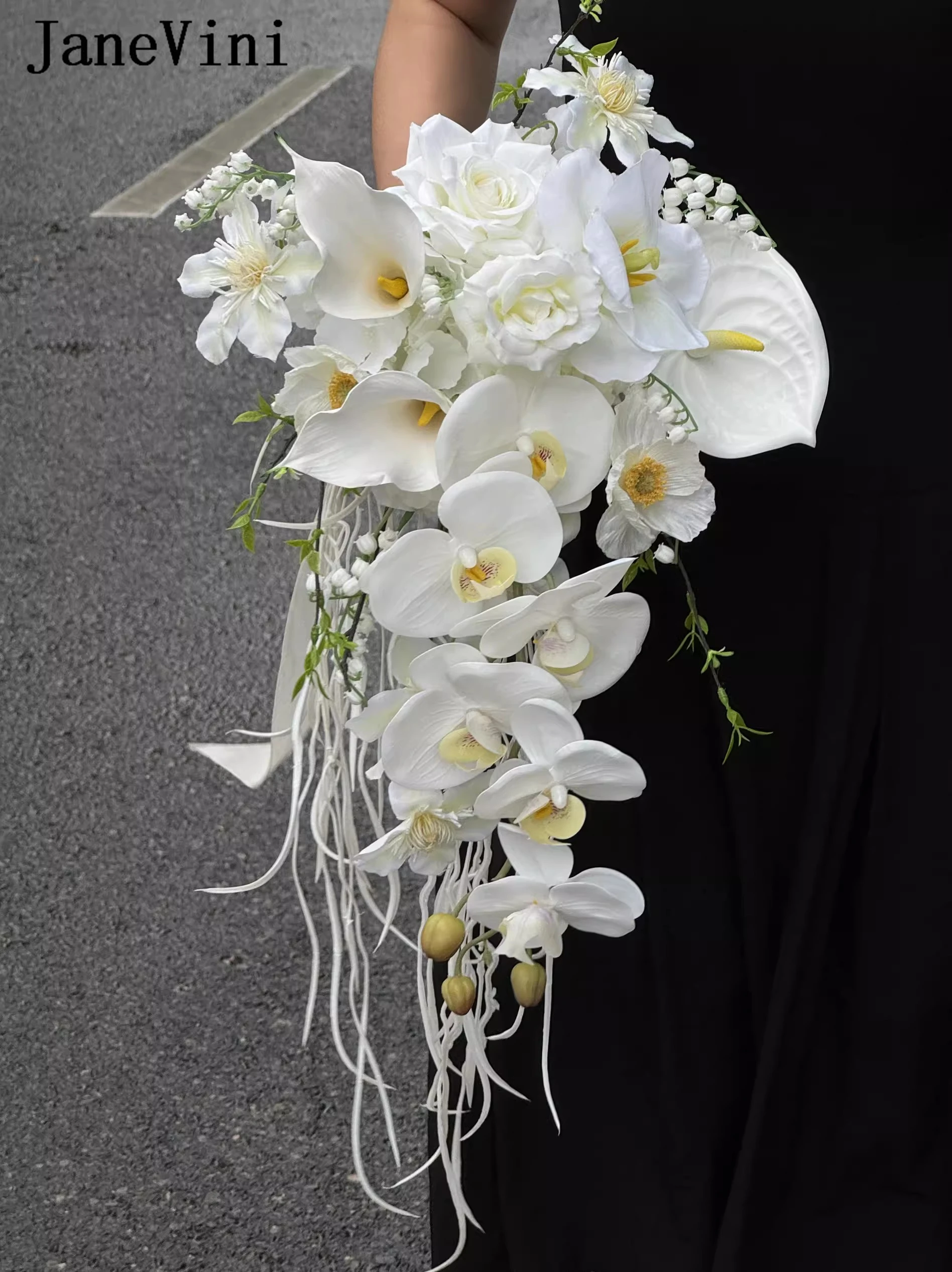 

JaneVini Elegant White Calla Lily Butterfly Orchid Roses Bridal Flower Wedding Bouquet Waterfall Cascading Bride Holding Flowers