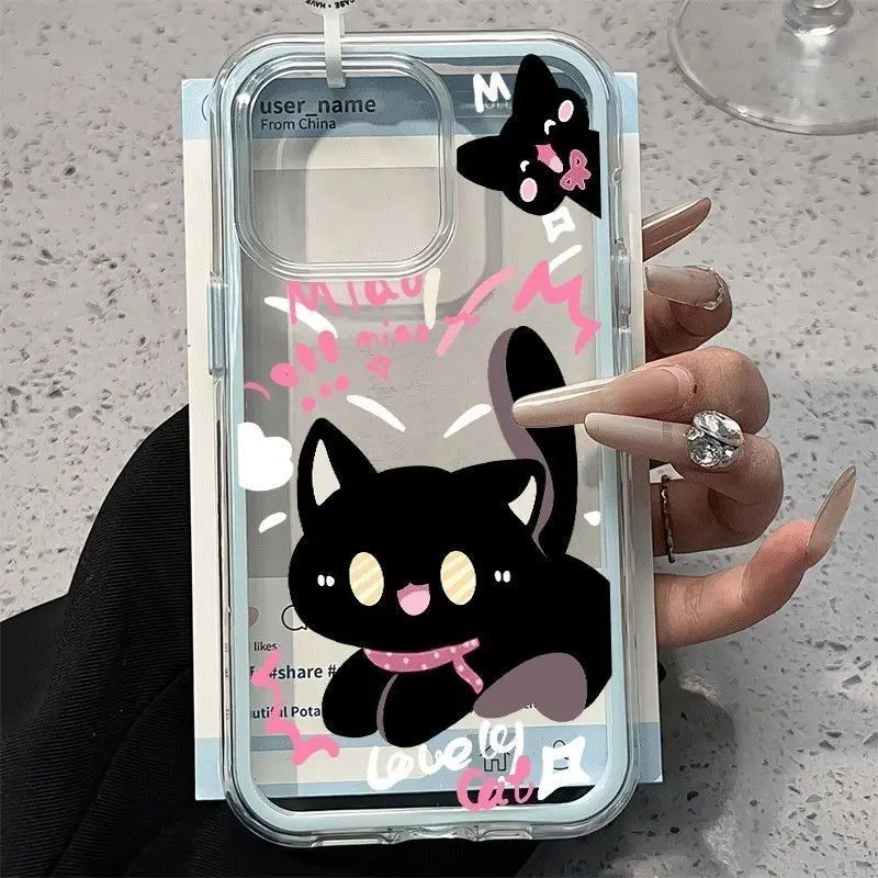 Creative Cute Black Cat Silicone Transparent Protective Case for IPhone 17 16 15 14 Pro Max Plus Soft Anti-fall Back Cover Gift