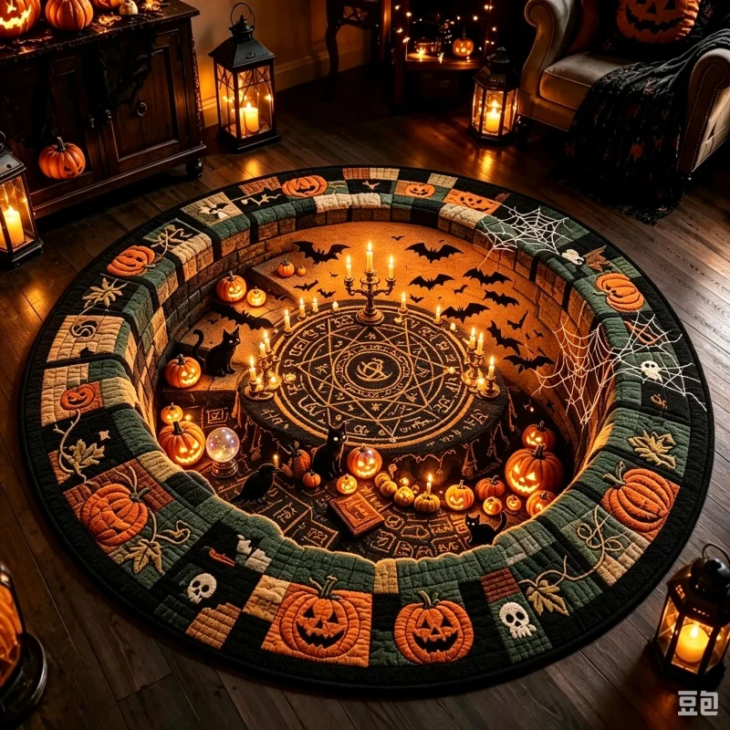 Ghost Tombstone Pumpkin Halloween Round Rug, Spooky Graveyard Printed Circular Floor Carpet, Indoor Home Decor